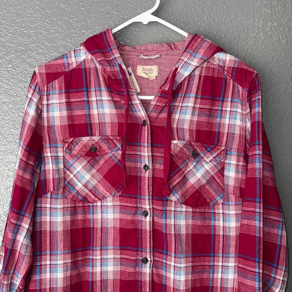 Boston Traders Plaid Hooded Button Shirt Men’s L | Maroon Flannel Casual - Picture 5 of 9